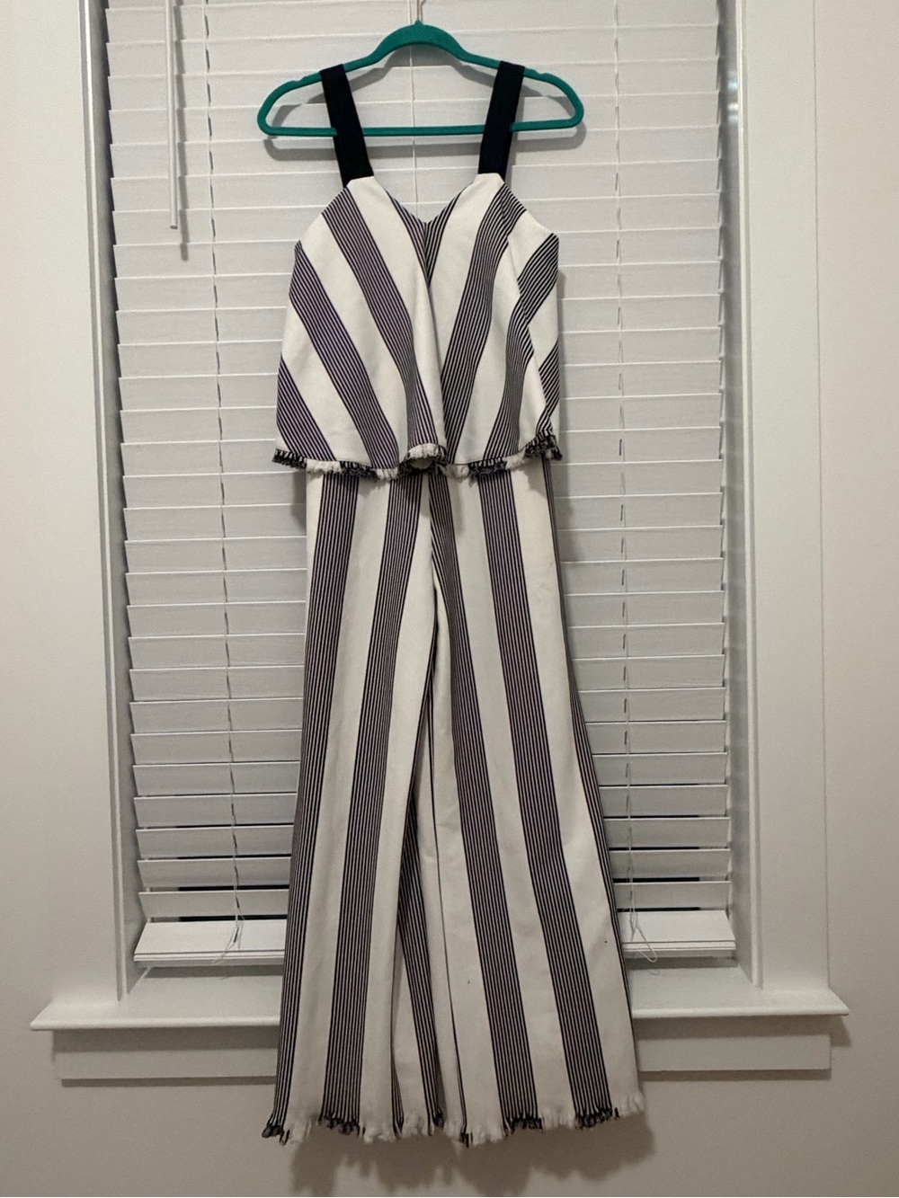English Factory White Jumpsuit with Navy Stripes and Black Straps